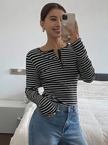 Livesso Long Sleeve Striped Printed Single Breasted Casual T-Shirt,Fall Clothes Preppy Tops - Black and White - View 3