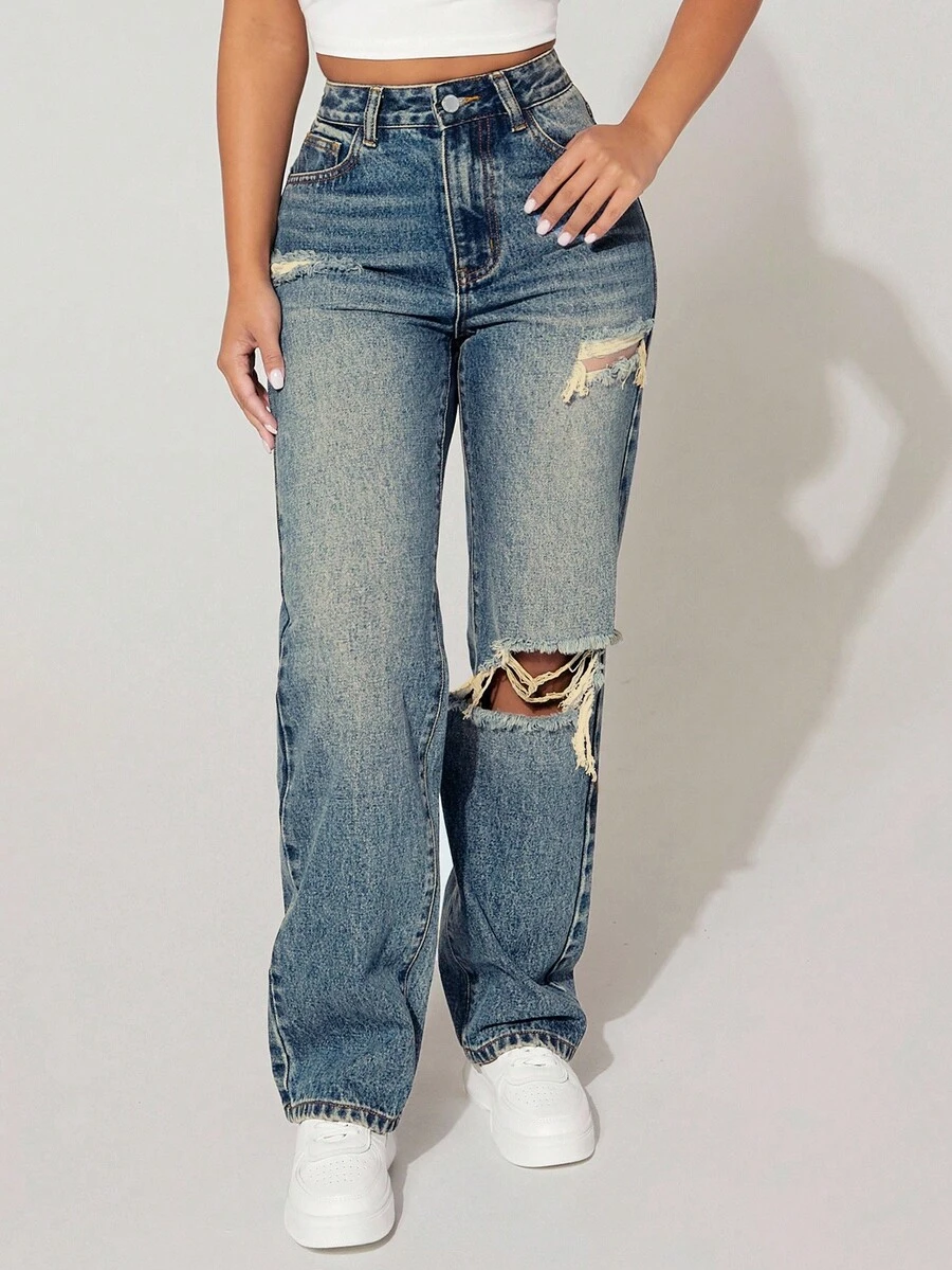 SHEIN EZwear 磨毛面料保暖高腰破洞直筒蓝色牛仔裤感恩节圣诞节女式加厚牛仔休闲街头拼接口袋宽松阔腿牛仔裤女式牛仔裤宽松牛仔裤 - 藍色 - 查看 1