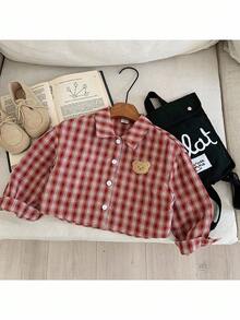 年轻女孩编织格子短款休闲衬衫 - 紅色 - 查看 4