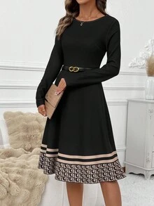 SHEIN Clasi 女士休闲几何条纹印花长袖圆领连衣裙，秋季 - 彩色 - 查看 6