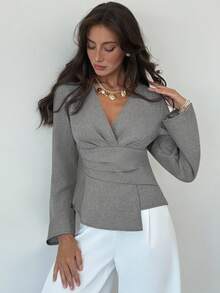 Aloruh New Stylish Commuter Waist Ruched Asymmetric Hem Long Flare Sleeve V-Neck Pullover Blouse - Grey - View 7