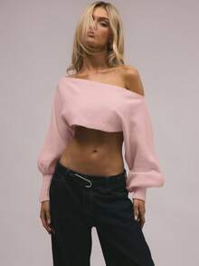 MUSERA 泡泡袖针织露肩上衣，优雅春假可爱性感90年代夏日甜美风，Y2K风格，适合伊比沙岛假日音乐节、冬季日常晚装等各种场合。 - 粉色 - 查看 1