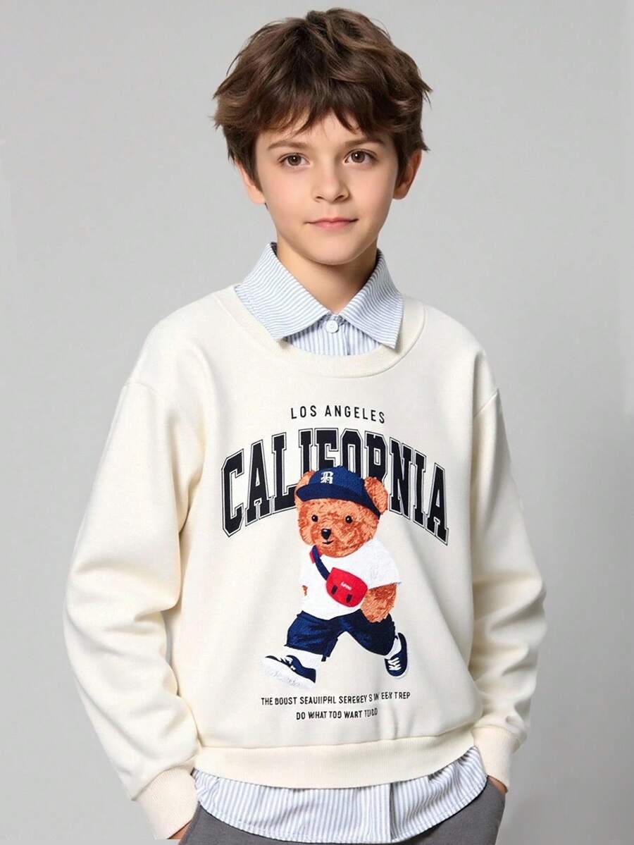 1 件男童休闲运动衫，仿衬衫领，带熊图案，长袖 - 黃色 - 查看 1