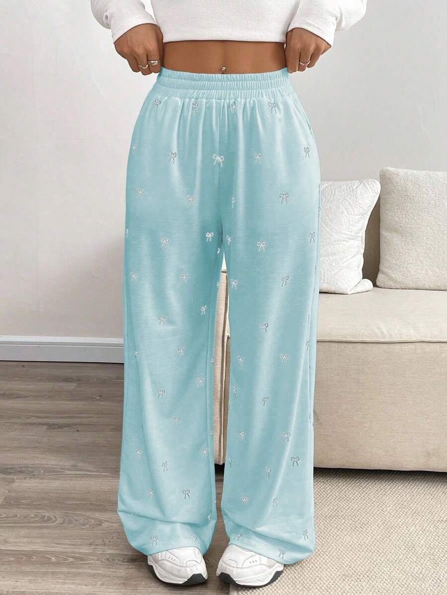 SHEIN LUNE Casual Loose Butterfly Graphic Print Elastic Waist Women Sweatpants - Blue - View 1