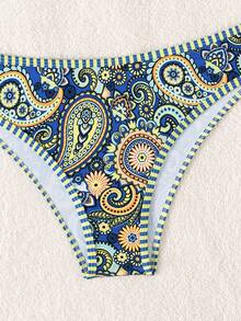 SHEIN Swim 2026 Spring/Summer Women's Paisley Print Bandeau Backless Tie Bikini Set, High Cut Bottoms, Vacation Style