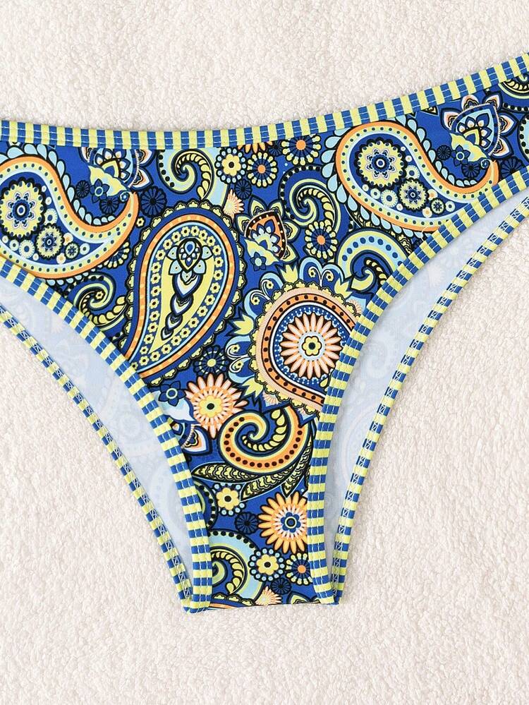 SHEIN Swim 2026 Spring/Summer Women's Paisley Print Bandeau Backless Tie Bikini Set, High Cut Bottoms, Vacation Style - Multicolor - View 6