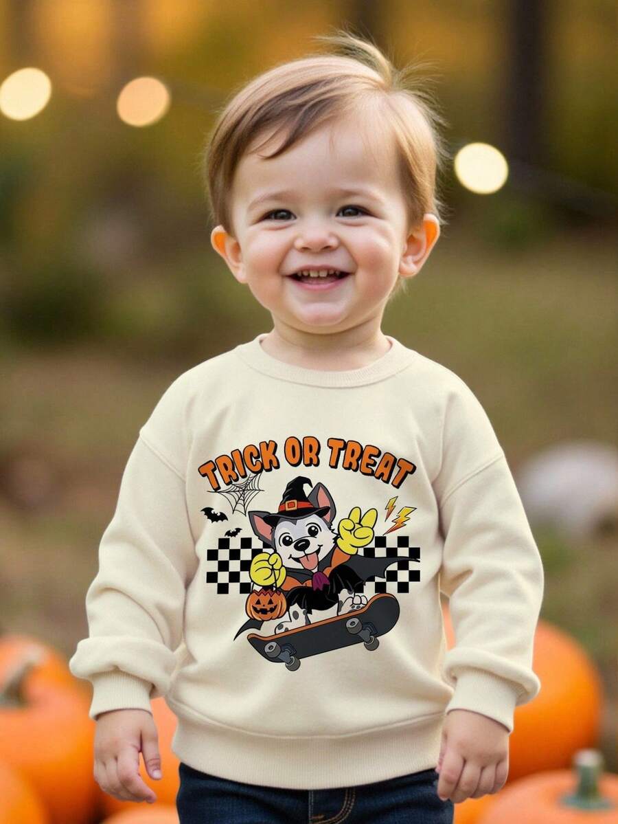 SHEIN Baby Boy Casual Minimalist Autumn New Arrival Halloween Cartoon Animal Dog Squad Cute Style Cartoon Soft Knit Thick Crew Neck Sweatshirt, Suitable For Autumn/Winter Fall - Beige - View 1