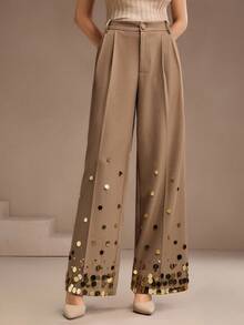 Anewsta High Waist Straight Leg Pants With Gradient Handmade Brown Sequin,Pockets,Summer,Elegant,Office,Work,Formal,Chic,New Year,Christmas,Graduation Pants - Khaki - View 4