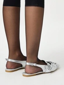 ROMWE Goth 女士优雅时尚休闲尖头平底鞋，哥特式丝绸面料黑色平底鞋，适合派对、日常穿着、晚礼服 - 銀色 - 查看 5