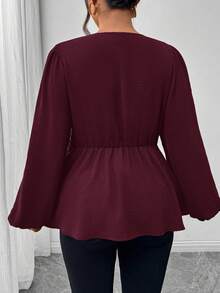 Firerie 大码休闲扭纹下摆长袖衬衫，绿色 - 玫瑰紅 - 查看 2