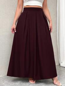 Firerie 加大码女式灰色高腰超长褶皱 A 字裙，带口袋，松紧腰带，秋季开学季 - 酒紅色 - 查看 6