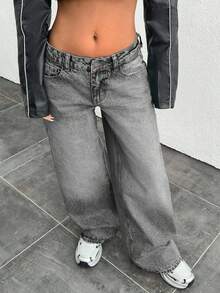 EURMUSE JEAN VINTAGE DE TALLE BAJO Y PIERNA ANCHA Y2K - Gris - Ver 3