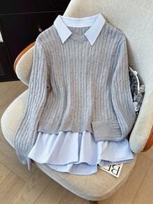 Regalyn Women's Casual Versatile Daily Long Sleeve Plus Size Patchwork Pullover Sweater