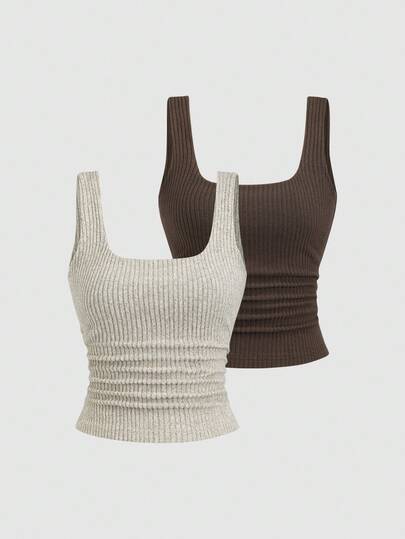Sweetra 2pcs Women Casual Scoop Neck Knit Tank Top Set, Apricot And Coffee Brown, Autumn