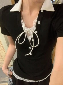 DAZY 女士拼色短袖休闲T恤 - 黑色 - 查看 2