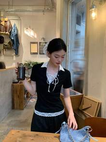 DAZY 女士拼色短袖休闲T恤 - 黑色 - 查看 9