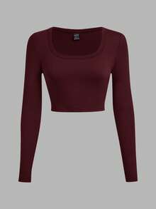 SHEIN EZwear 3pcs/Set Black, White, Wine Red Casual U-Neck Tight Cropped Long Sleeve T-Shirts, Suitable For Autumn/Winter - Multicolor - View 5