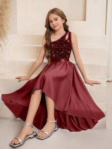 SHEIN Flower Girl & Big Girl High-End Sequin One Shoulder Cutout A-Line High-Low Asymmetrical Hem Midi Dress, Suitable For Weddings, Galas, Birthdays, Parties Fall Winter - Burgundy - View 6