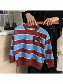 SHEIN 2pcs/Set Boys' Striped Sweatshirt Outfit, Cute Cartoon Design, Suitable For Outdoor Sports And Casual Wear, Autumn/Winter - Multicolor - View 6