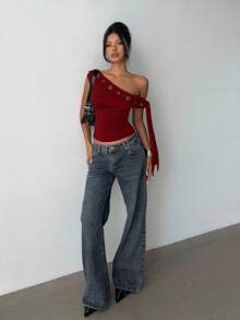 Aloruh Áo thun dệt kim trơn màu trơn không tay vai bất đối xứng trang trí lỗ xỏ dây màu đen, áo đỏ - Màu Đỏ Sâu - Xem 5