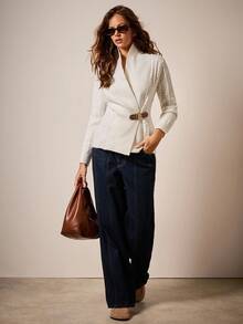 COSMINA 女式秋季扭纹长袖腰部纽扣设计休闲针织开衫 - 白色 - 查看 3