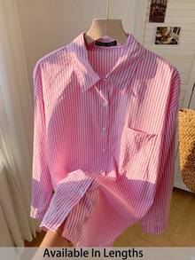 SHEIN Tall CURVE Plus Size Casual & Commuting Stripe Drop Shoulder Long Sleeve Shirt,Business Casual Woman - Pink - View 1