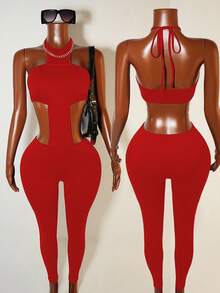 BamGleam Body sexy sem mangas com decote halter e costas nuas de cor sólida