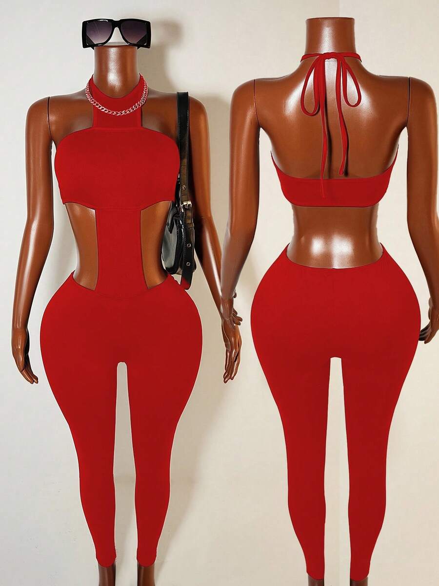 BamGleam Body sexy sem mangas com decote halter e costas nuas de cor sólida