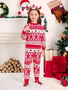 SHEIN Young Girl' Christmas Reindeer Cute Party Celebration Sweater Set Fall Winter - Red - View 5