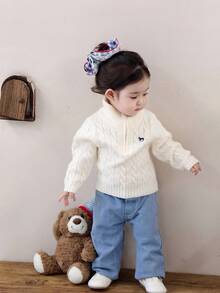 DAZY 女婴卡通刺绣韩版毛衣，秋冬季幼儿女童服装 - 米色 - 查看 4