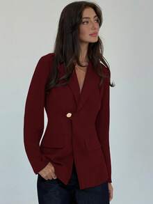 Aloruh 女式简约单扣腰部收腰西装外套，适合通勤，秋季 - 酒紅色 - 查看 7