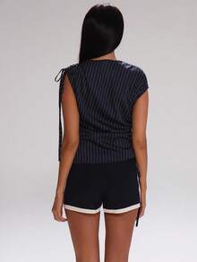 MUSERA 细条纹褶皱领带细节短袖修身长款上衣，可爱秋季休闲工作教师街头风运动工作服商务跑优雅派对春夏假日 - 藏蓝色 - 查看 5