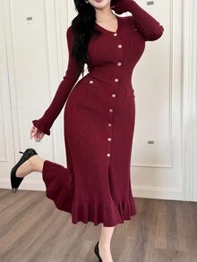 DAZY 女士优雅纯色V领毛衣连衣裙，秋季红色女士连衣裙情人节 - 酒紅色 - 查看 4