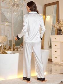 条纹提花仿丝撞色蕾丝长袖女式睡衣套装，秋季服装 - 米色 - 查看 2