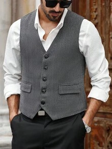 Manfinity Bizformal Men's Business/Commute Herringbone Sleeveless Waistcoat European Style, Fall Winter