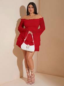 SHEIN BAE Váy mini trễ vai xếp ly xếp lớp màu trắng ngọt ngào và gợi cảm cỡ lớn - Đỏ - Xem 6