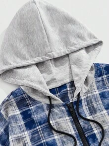 ROMWE MEN Street Life Men's Prep Plaid Print Zip-Up Casual Hoodie, For Fall - Multicolor - View 3