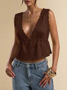 SHEIN BAE Yellow Satin & Lace Patchwork Camisole, Suitable For Vacation, Beach Camisole, Music Festival Camisole, Brunch Outfit, Wedding Guest Camisole, Bridesmaid Camisole, Spring/Summer,Brown Top