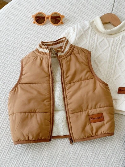 SHEIN Chaqueta/chaleco con cremallera de color caqui con forro térmico grueso para bebés niños, versátil y casual para otoño/invierno