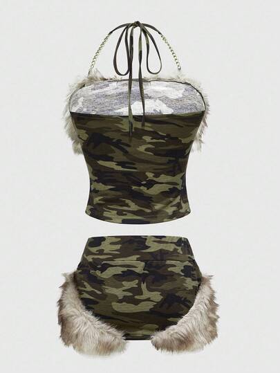 J-Fashion Ensemble 2 pièces Top brassière vintage Y2K à patchwork camouflage effiloché avec chaîne métallique et mini-jupe super basse taille