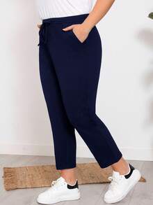 EMERY ROSE Quần lửng ống rộng màu trơn có dây rút, túi eo thông thường dành cho nữ cỡ lớn - Màu xanh hải quân - Xem 5
