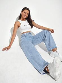 SHEIN ICON Plus Size Solid Color Pocket Design Casual Fashion Denim Pants - Blue - View 5