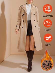 Amorya Women's Elegant Leopard Print Vintage Thermal Lined Trench Coat, Suitable For Daily Commute And Multiple Occasions, Autumn Women's Winter Clothes,Fall - Khaki - View 4