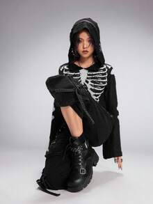 Sugerpunk 女式黑色侧拉链粗跟马靴，系带，皮带扣，暗摇滚朋克哥特风格踝靴和短靴 - 黑色 - 查看 6