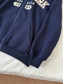 SHEIN Serisse Kids 少女休闲日常校服字母印花拉链卫衣，带口袋，保暖内衬，适合返校季秋冬季穿着 - 寶藍色 - 查看 9