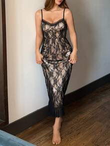 DAZY Black Lace Patchwork Sheer Mesh Adjustable Waist Sexy Nightgown For Women Lingerie For Women - Black - View 7