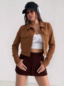 Aidyla Corduroy Flap Pocket Button Up Crop Jacket Fall Winter Cloth For Women