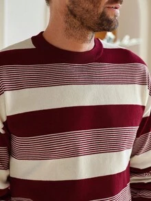 Manfinity Homme 男士圆领长袖落肩条纹休闲百搭针织毛衣，红色条纹毛衣，秋冬 - 彩色 - 查看 6