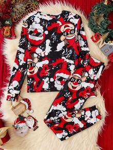 2pcs Kids Christmas Graffiti Print Long Sleeve Pajama Set, Snug Fit Sleepwear For Parties, Holidays, Home Wear Fall Winter - Multicolor - View 7
