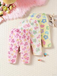 SHEIN Playful Pals 女嬰時尚可愛毛絨褲三件組，爪印、蝴蝶與花卉圖案，保暖舒適 - 彩色 - 查看 2